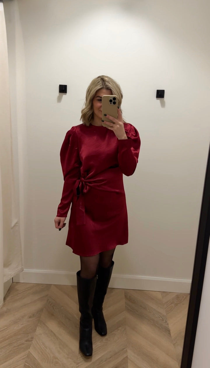 Satin Tie-Front Puff Sleeve Dress
