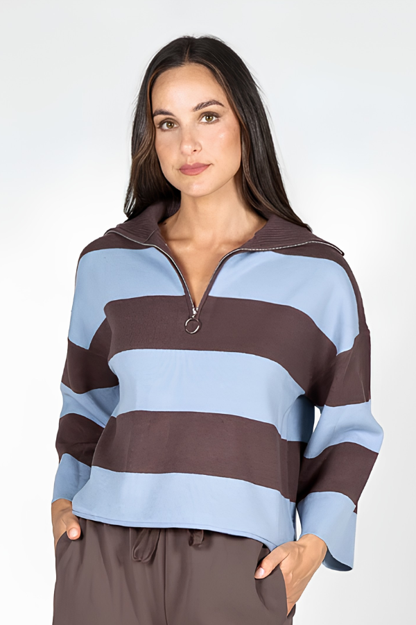 Rugby Style Zip Sweater | Blue-Brown