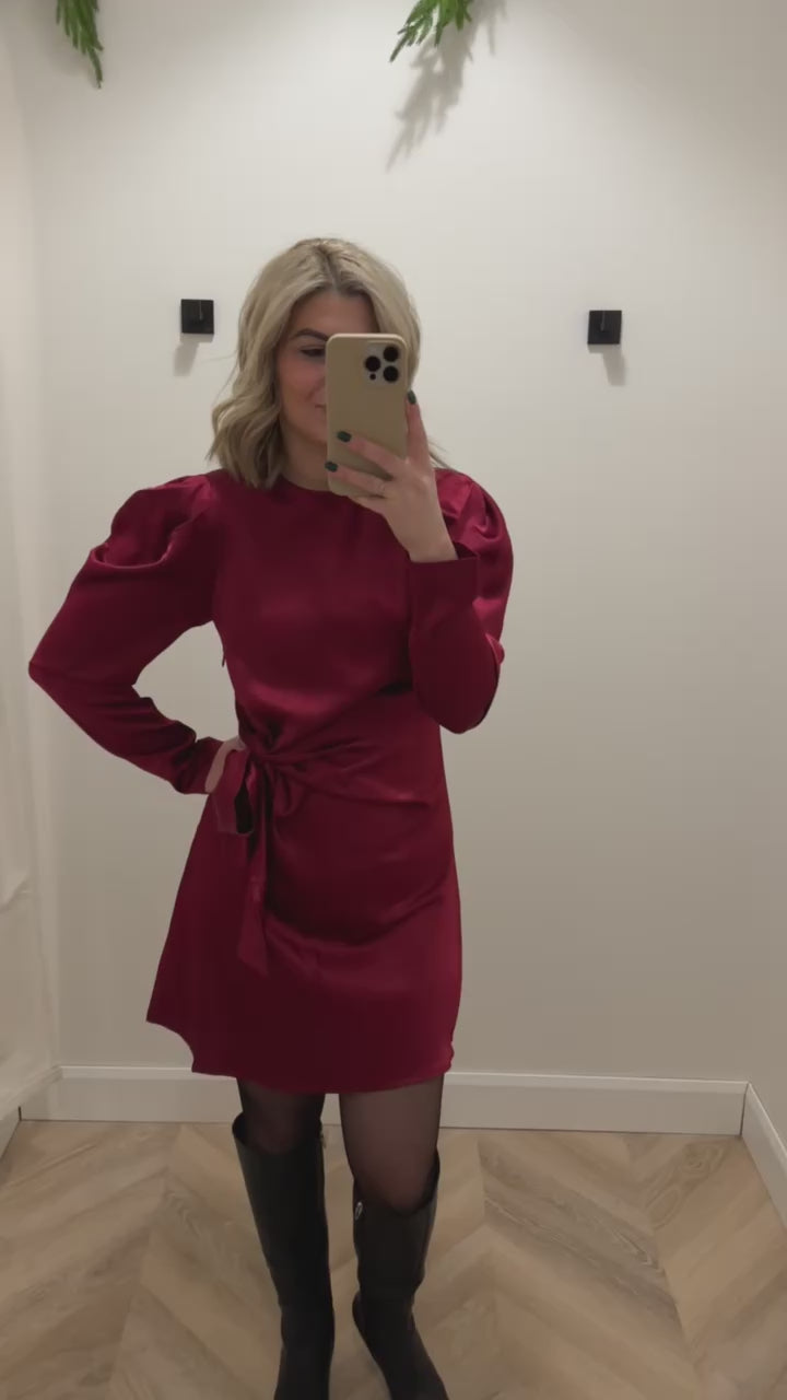 Satin Tie-Front Puff Sleeve Dress