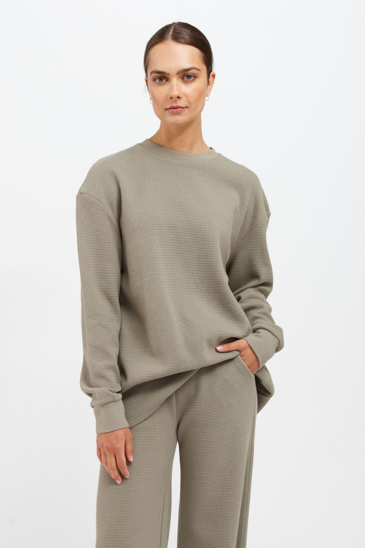 Waffle Knit Long Sleeve Boxy Tee | Olive