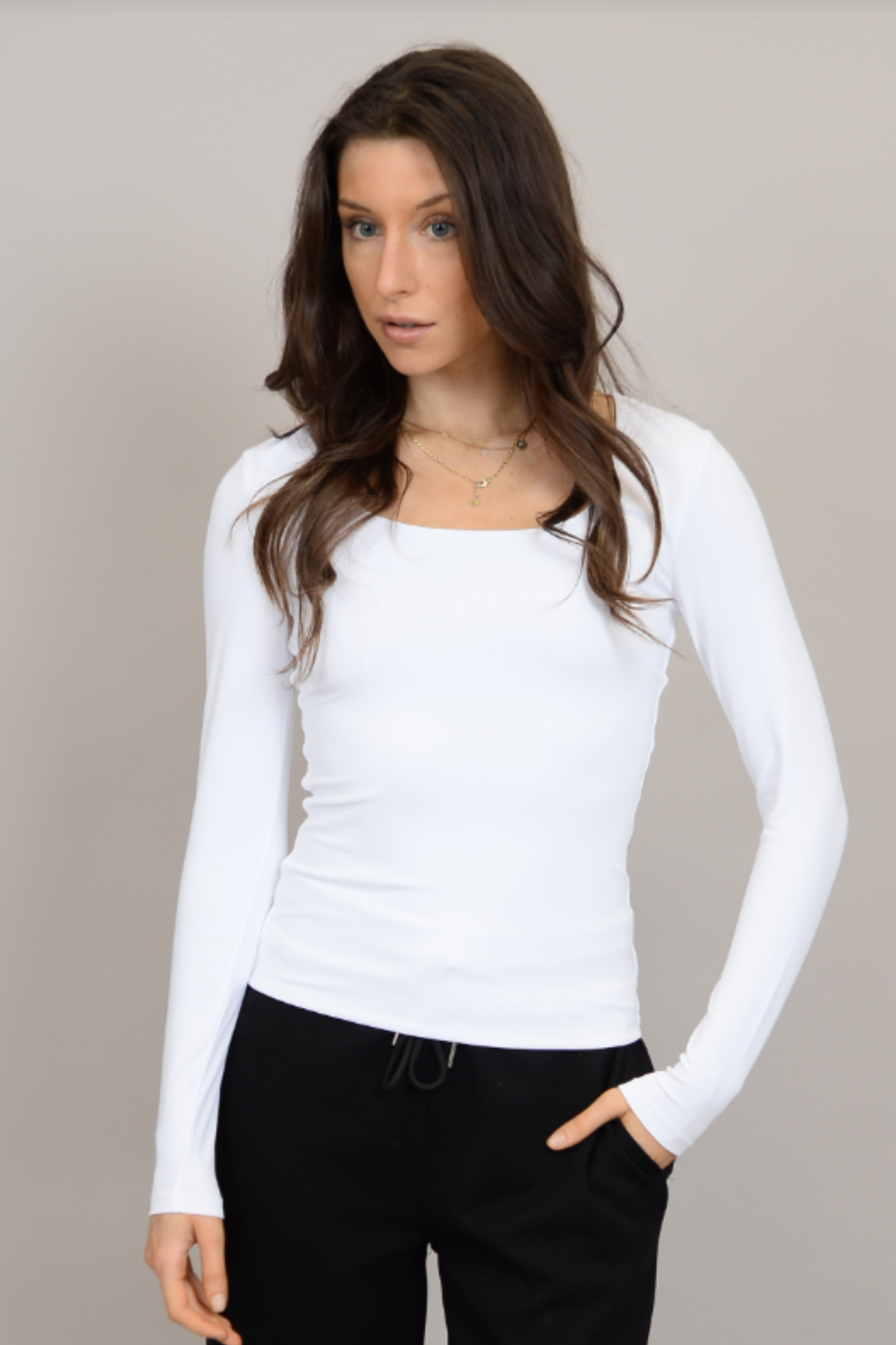 Second Skin Long Sleeve Scoop Neck Top | White