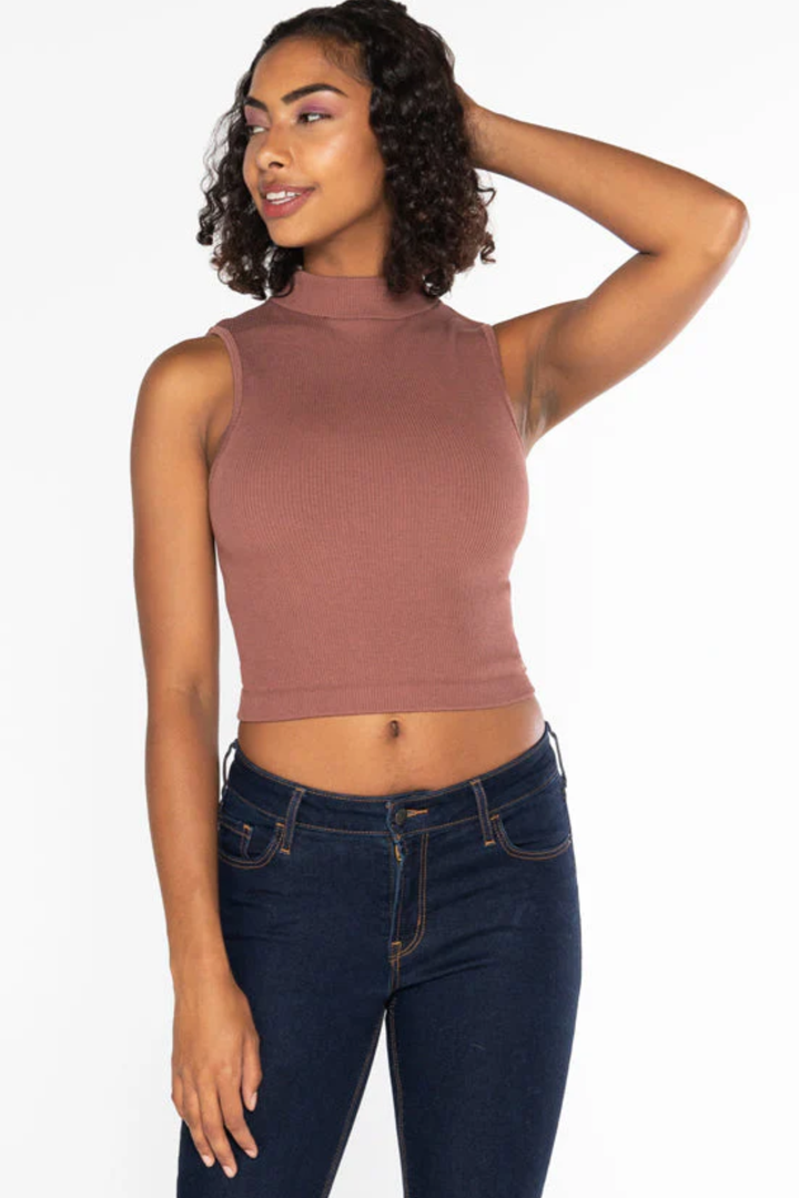 Bamboo Rib Sleeveless Mock Neck Top | Chestnut