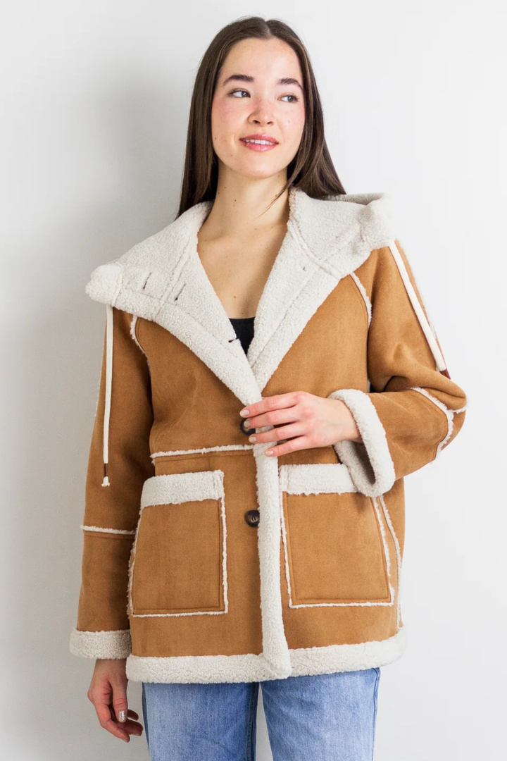 Daphne Button Down Hooded Coat in Camel