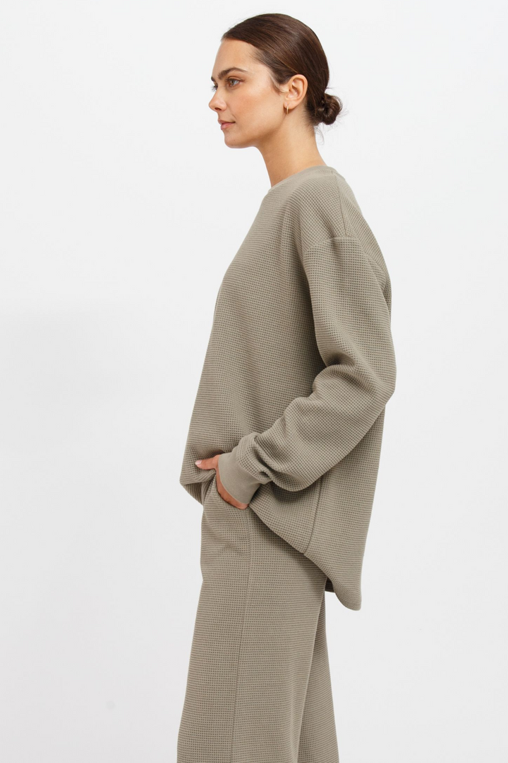 Waffle Knit Long Sleeve Boxy Tee | Olive