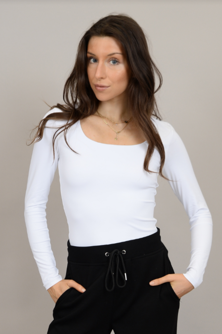 Second Skin Long Sleeve Scoop Neck Top | White