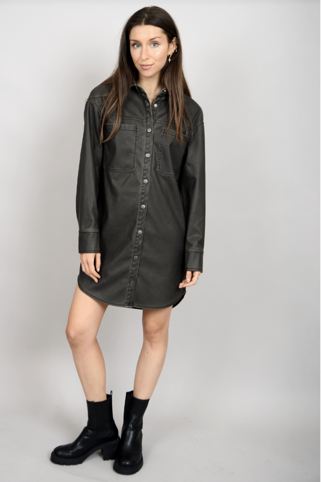 Aliska Distressed Faux Leather Shirt Dress Fossil