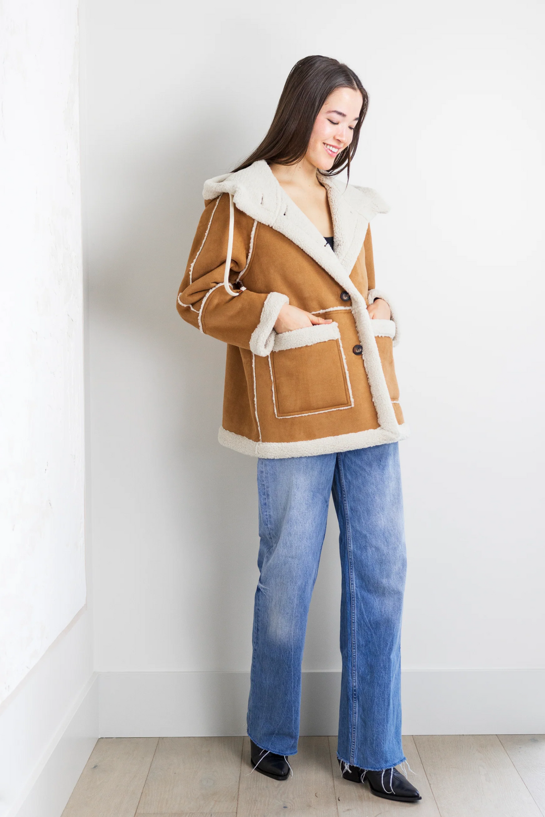 Daphne Button Down Hooded Coat in Camel