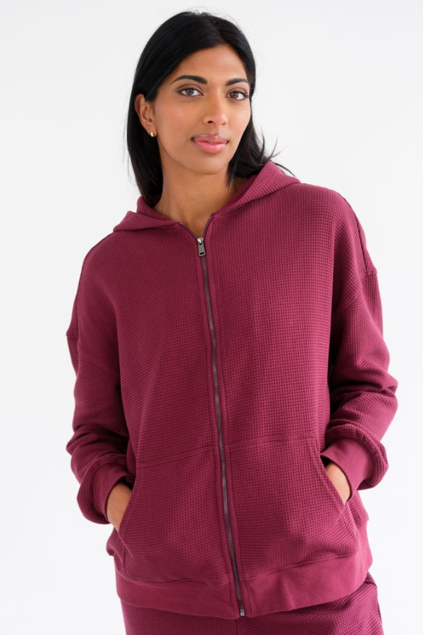 Waffle Full Zip Hoodie | Burgundy
