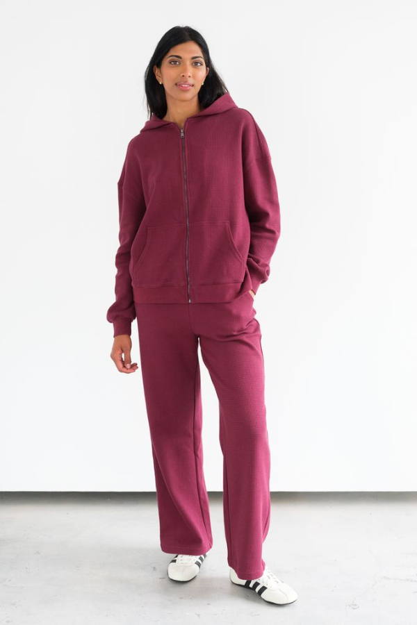 Waffle Full Zip Hoodie | Burgundy