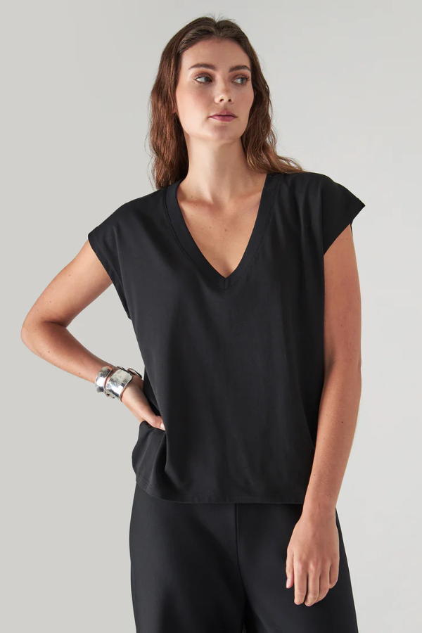 Pima Cotton Stretch Dolman V-Neck T-Shirt | Black