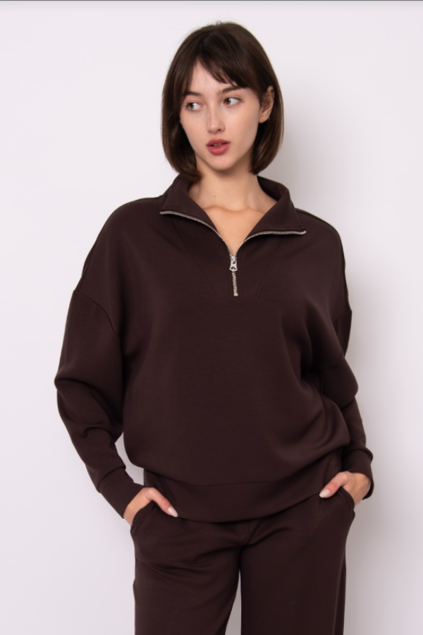 Seanni Half Zip Soft Knit Scuba Pullover | Brown