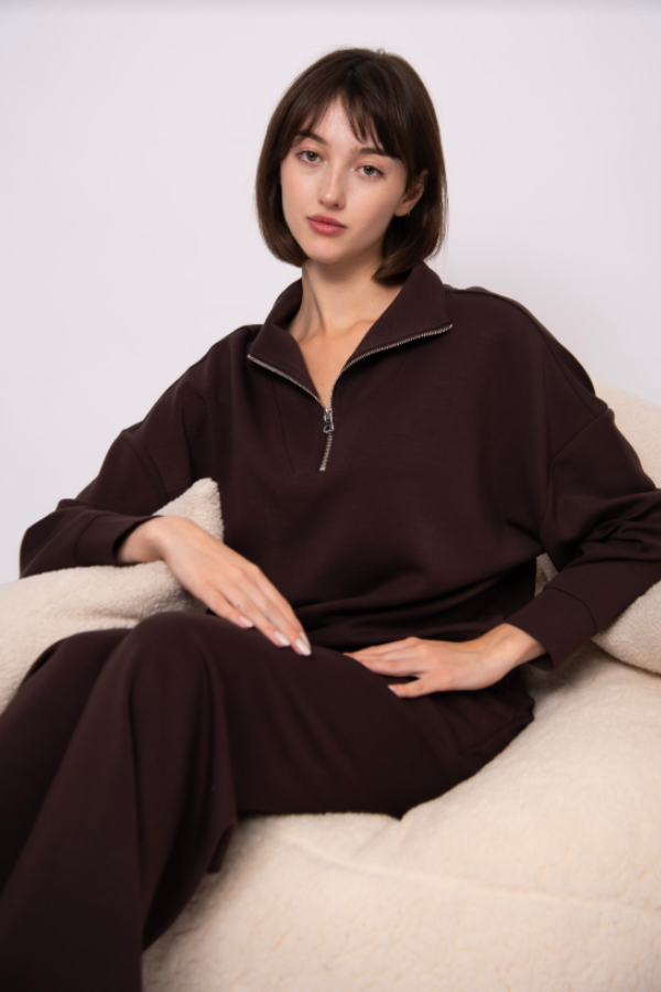 Seanni Half Zip Soft Knit Scuba Pullover | Brown