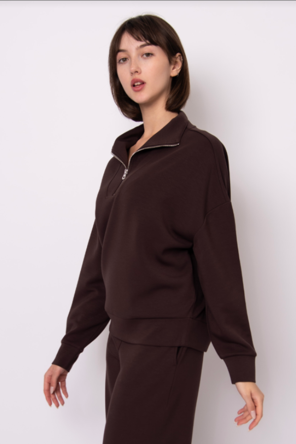 Seanni Half Zip Soft Knit Scuba Pullover | Brown