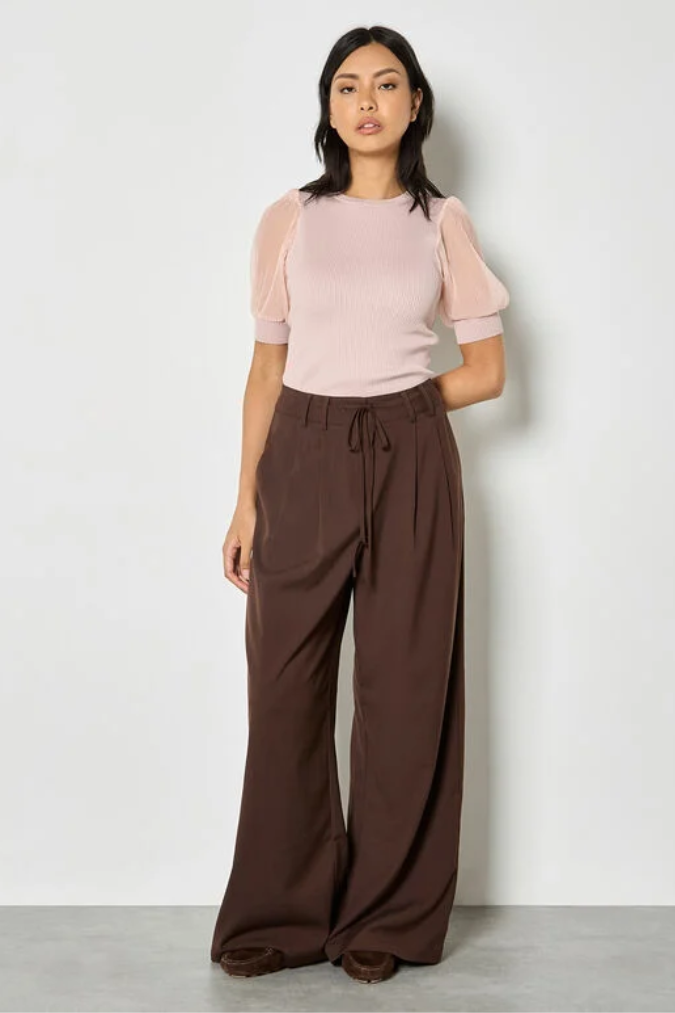Pleated Wide Leg Trouser | Chocolate