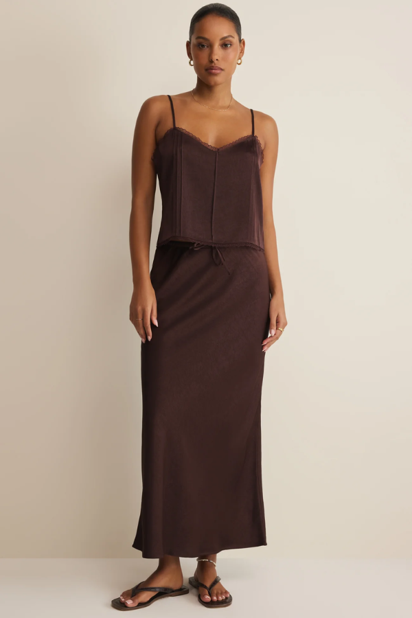 Viva Satin Midi Skirt | Chocolate Cherry
