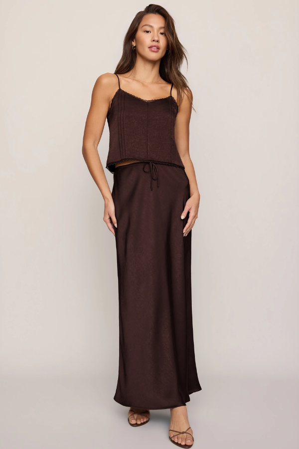 Viva Satin Midi Skirt | Chocolate Cherry