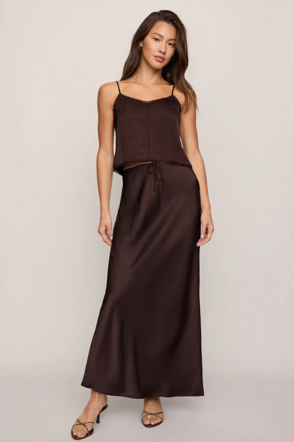 Viva Satin Midi Skirt | Chocolate Cherry