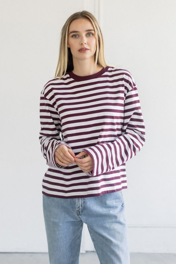 Long Sleeve Boxy Tee | Plum + White