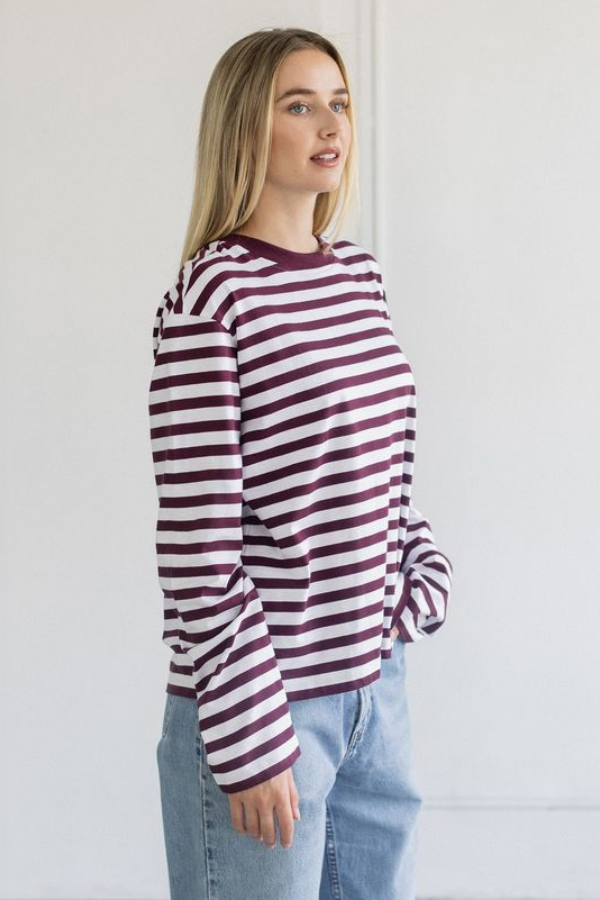 Long Sleeve Boxy Tee | Plum + White