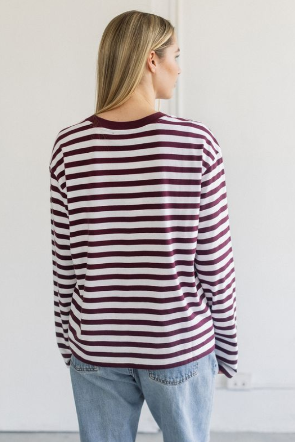 Long Sleeve Boxy Tee | Plum + White