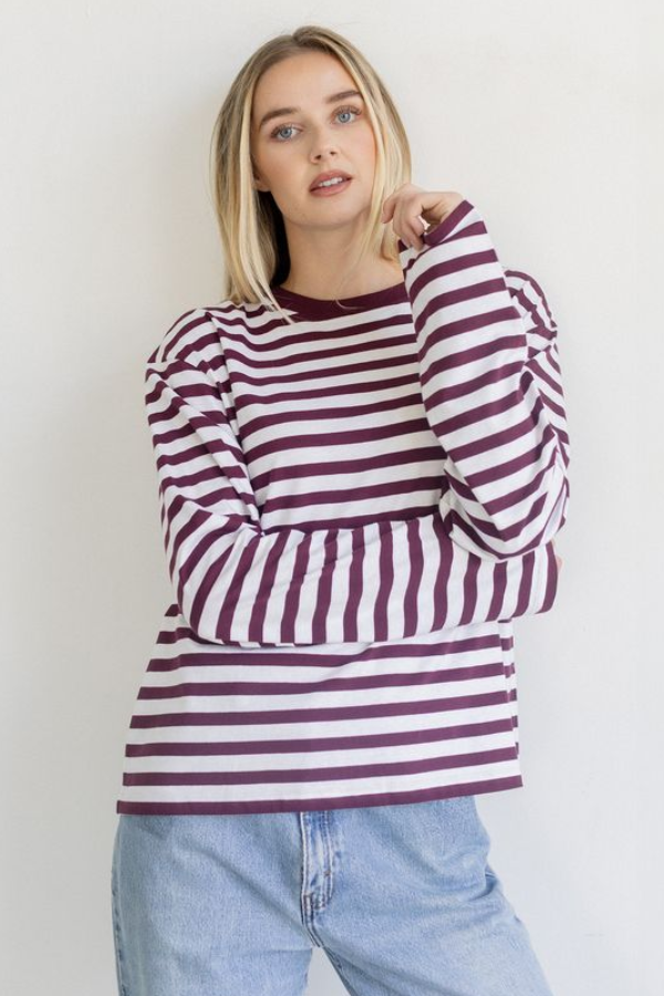 Long Sleeve Boxy Tee | Plum + White