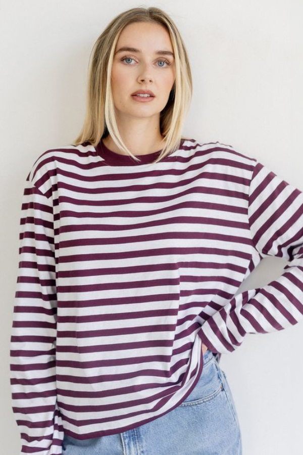 Long Sleeve Boxy Tee | Plum + White