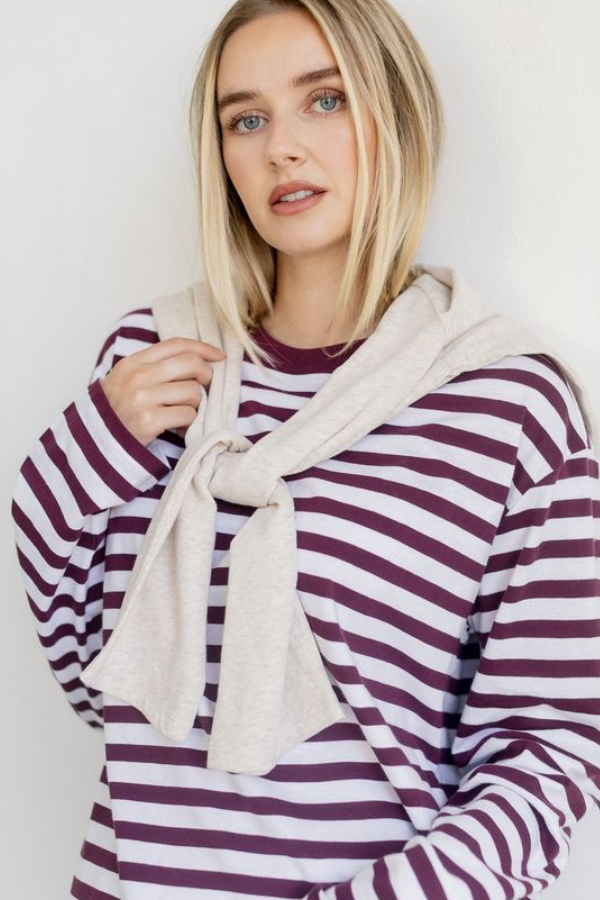 Long Sleeve Boxy Tee | Plum + White